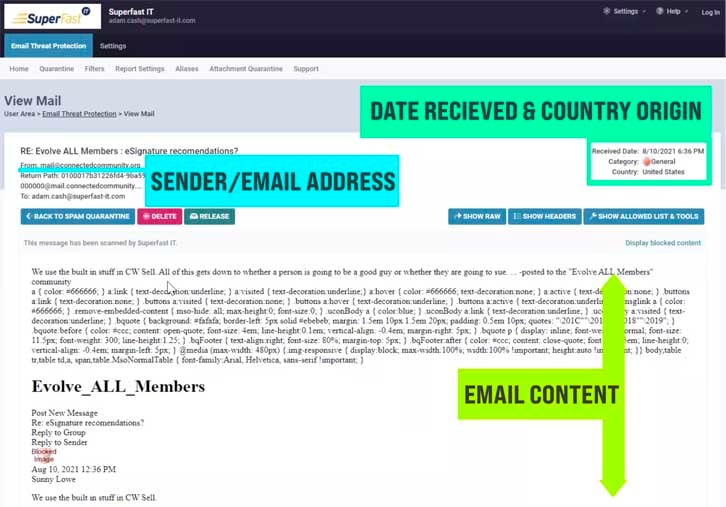 Navigating and releasing quarantine emails